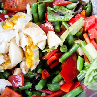 green bean, red bell pepper, cheese, and egg salad